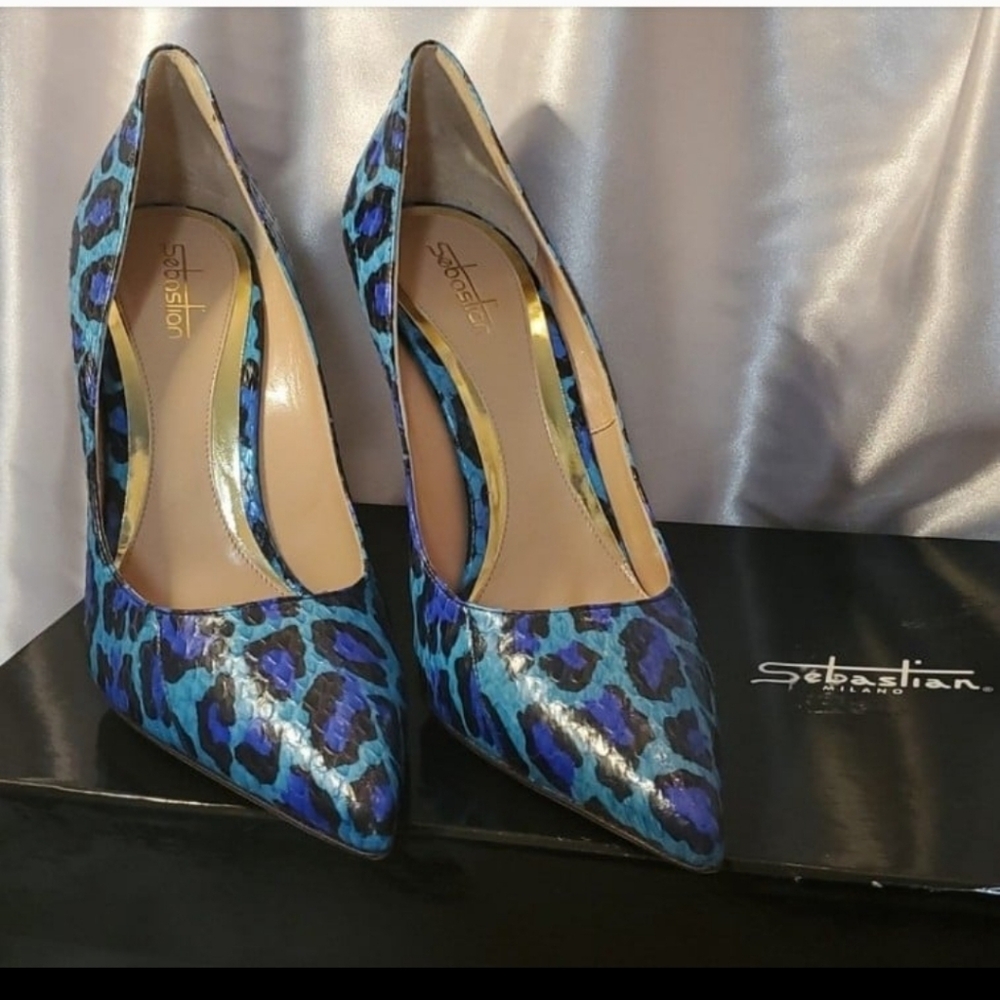 Rare Sebastian Milano Leopard Turquoise Blue Snake Dress Pump Heels